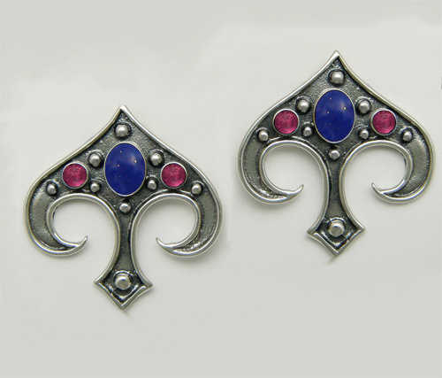 Sterling Silver Gothic Inspired Drop Dangle Earrings With Lapis Lazuli And Pink Tourmaline Sterling Silver Gothic Inspired Drop Dangle Earrings With Lapis Lazuli And Pink Tourmaline